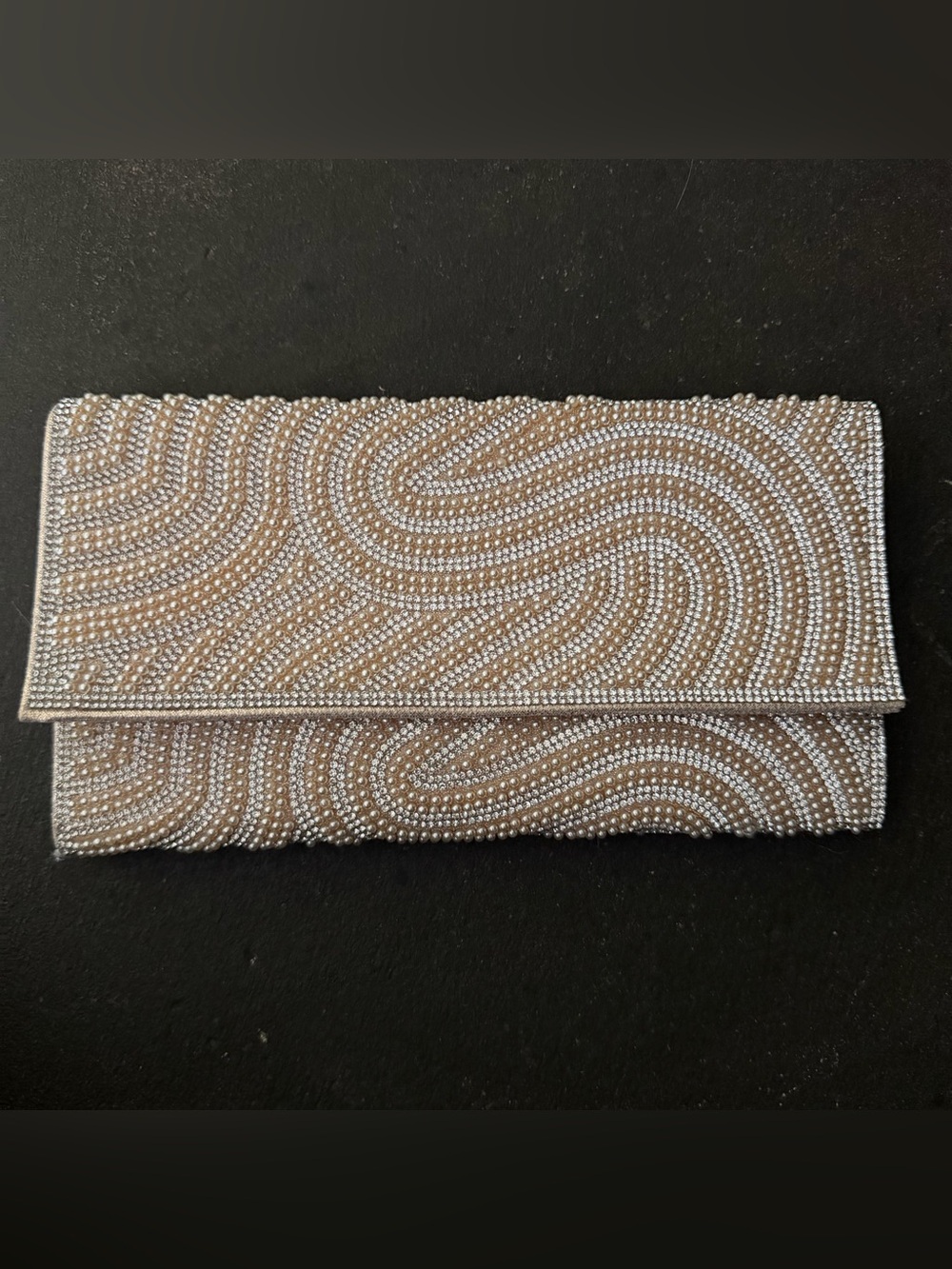 Badgley Mischa Jewel Vintage Beaded Clutch Evening Bag Silver Rhinestones Snap